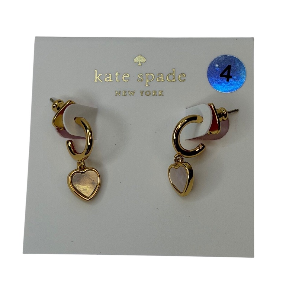 Kate Spade New York Gold Heart Mother of Pearl Huggie Hoop Drop Earrings NWT